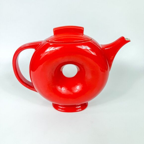 Vintage Hall China Chinese Red Donut Teapot Art Deco 3.11 6 READ - Picture 7 of 9